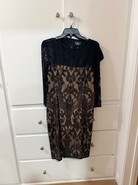 Adrianna Papell Black Lace Overlay Sheath Dress with Nude Lining